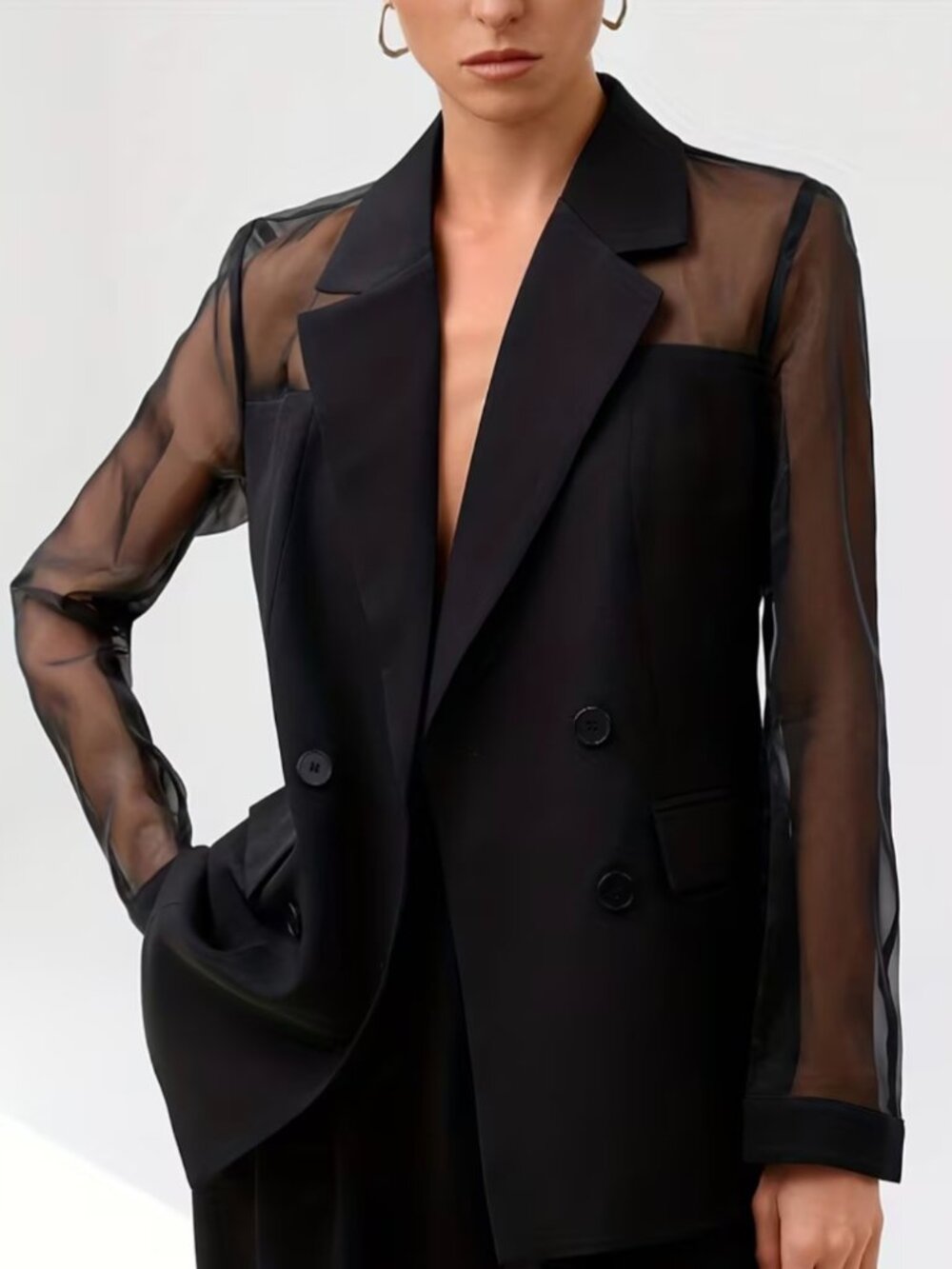Fashionable Women's Elegant Blazer, Stylish High-End Mesh Patchwork Double-Breas